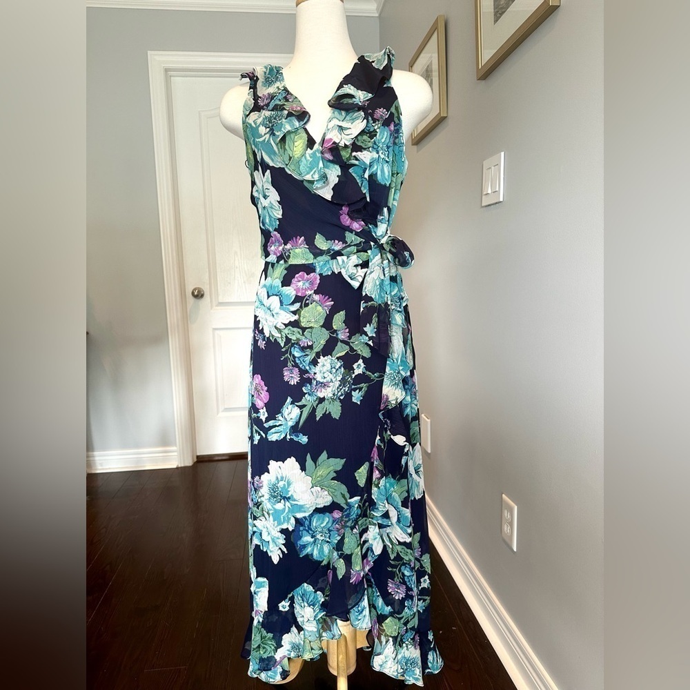 MAGGY LONDON for Melanie Lyne Navy Blue Teal Floral Asymmetrical Dress.